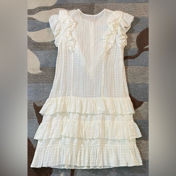 La Vie Rebecca Taylor Off White White Drapey Textured Check Dress w Ruffle Skirt - Picture 7 of 9